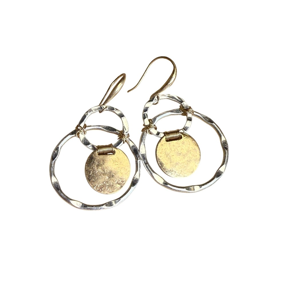RLM Studio Two Tone Mixed Metal Hammered Disc Drop Earrings Boho
